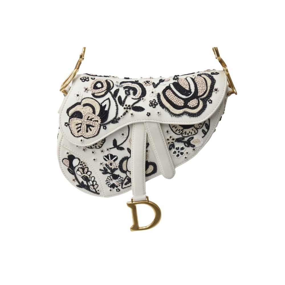 Dior black Christian Saddle calfskin beads handbag grained white Bag - Picture 1 of 10